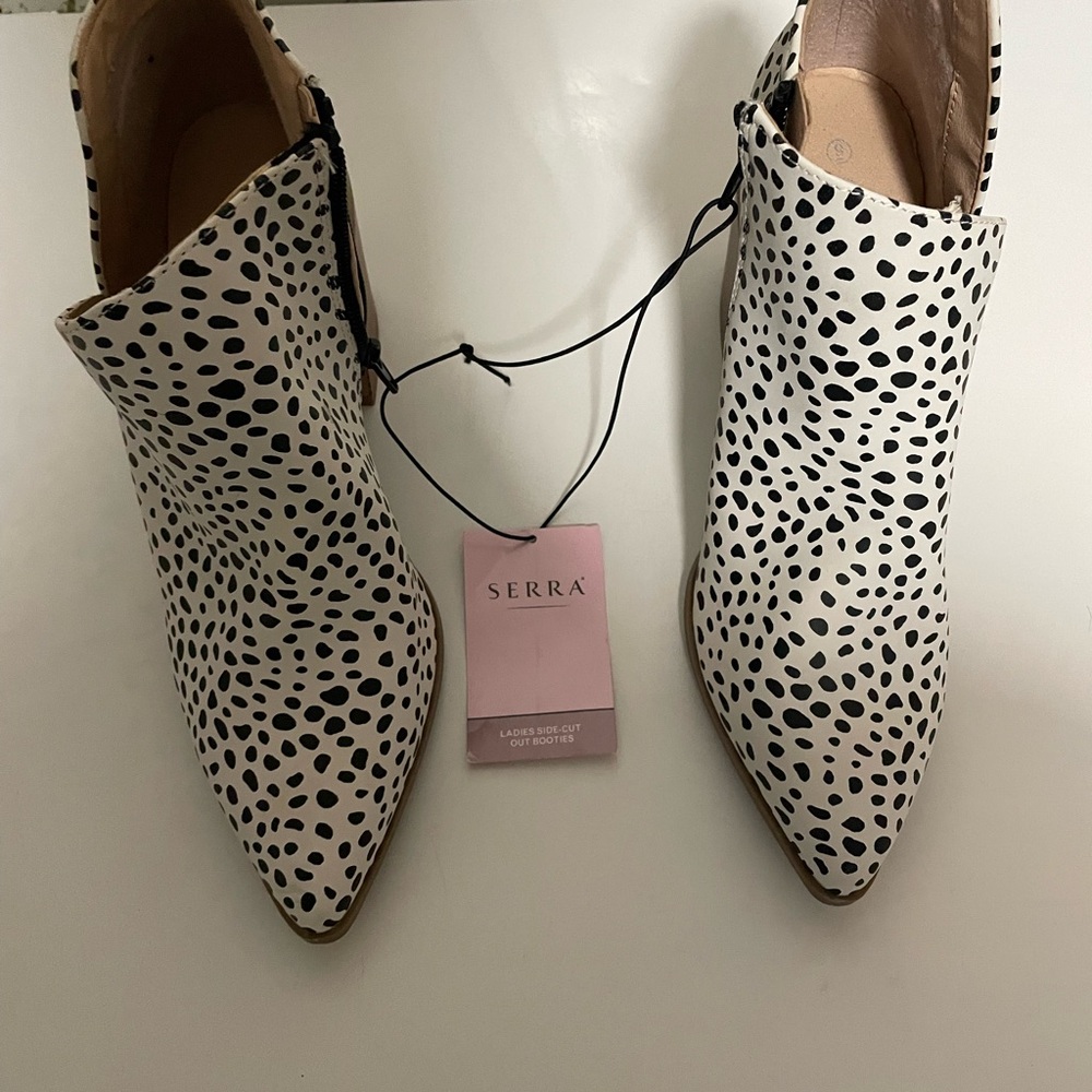 Serra Black and White Spotted Pointed Toe Ankle Booties